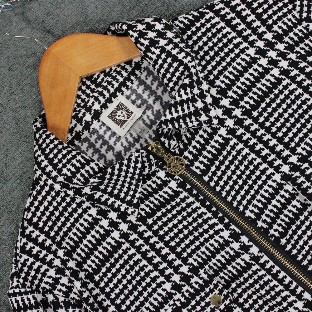 Anne Klein Womens Large Black White Houndstooth Zip Front Roll Tab Sleeve Top
